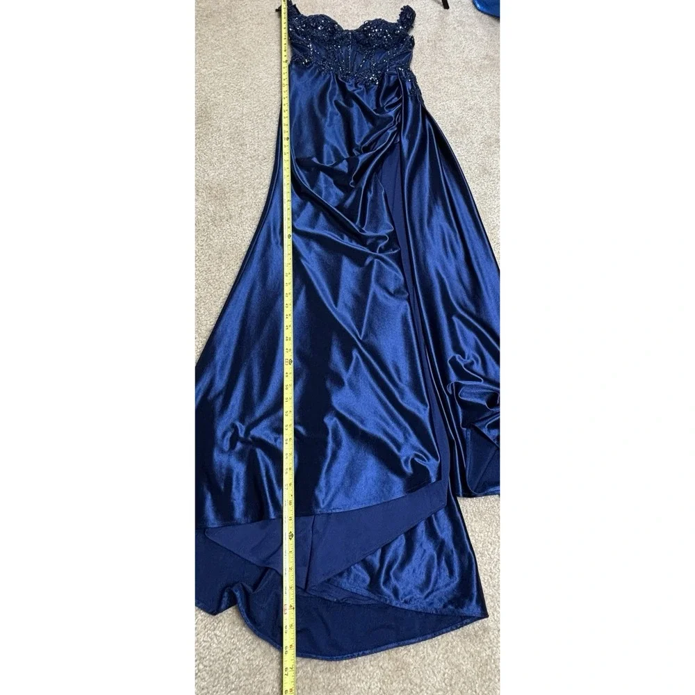 Stacey's Navy Satin Blue Beaded Off The Shoulder Prom Dress W/ Dramatic Slit Med